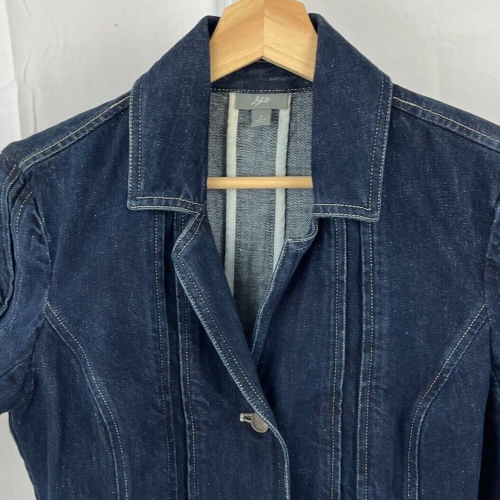 J. JILL Denim Sz 2 Blazer Jean Jacket Prairie Style Cotton Linen Dark Wash Blue - Picture 9 of 12
